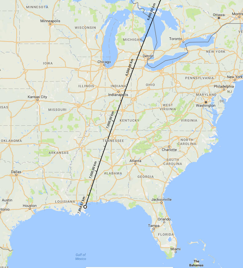 Direction of 1000-meter 305-degree antenna (map)